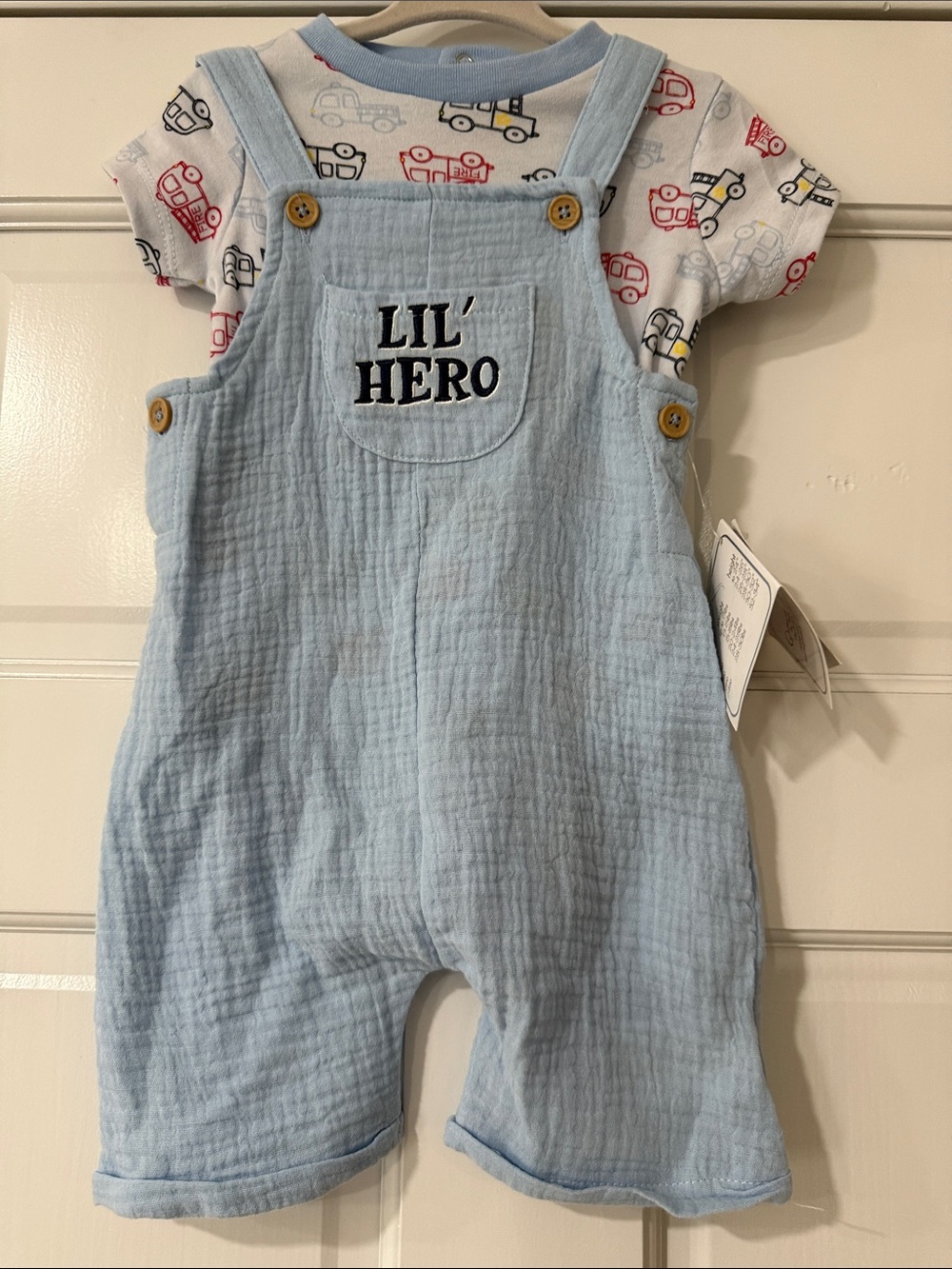 Baby Boy Lil’ Hero 2 Piece Overall Set By Quiltex, 12 Months Blue & White Cars